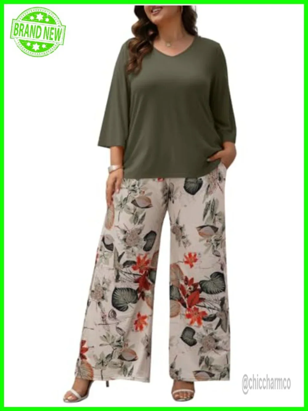 Plus Size 2 Piece Outfits 3/4 Sleeve Tunic Top Floral Print Wide Leg Pant Sets
